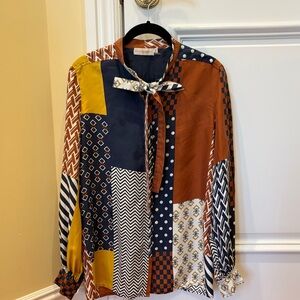 Tory Burch Navy and Rust Geometric Blouse